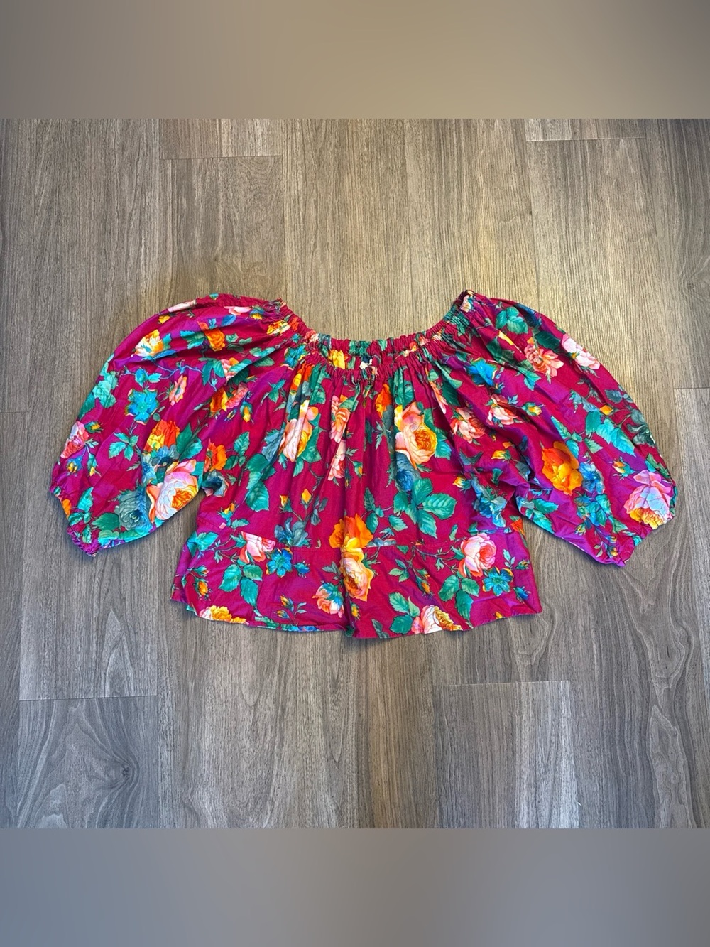 Kenzo vintage Floral Off-Shoulder Puff Sleeve Top - Magenta Teal